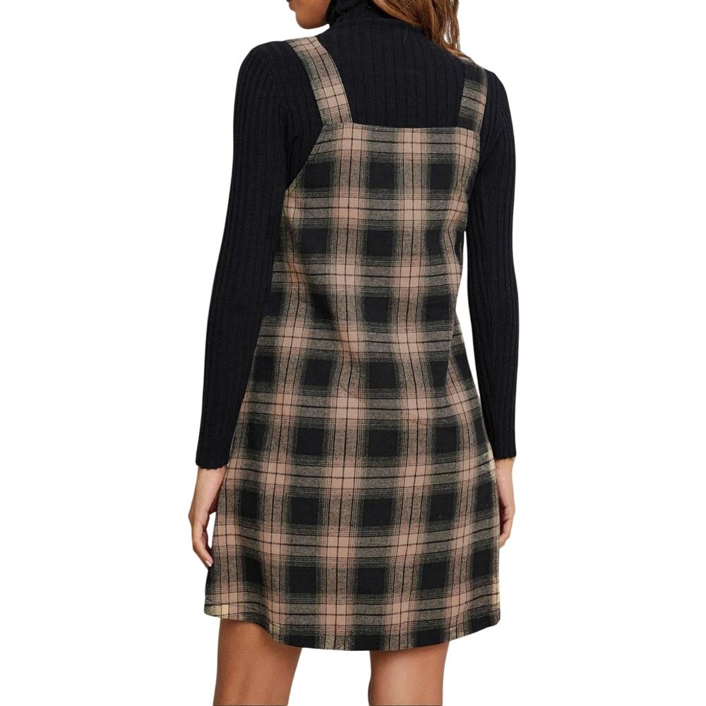 Shein Black & Tan Plaid Sleeveless Mini Dress Pocket Front Layering Dress Large - Picture 2 of 8
